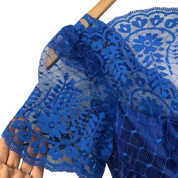 Vintage 70s Blue Lace Overlay Formal Fit and Flare Full Length Dress - Picture 6 of 8